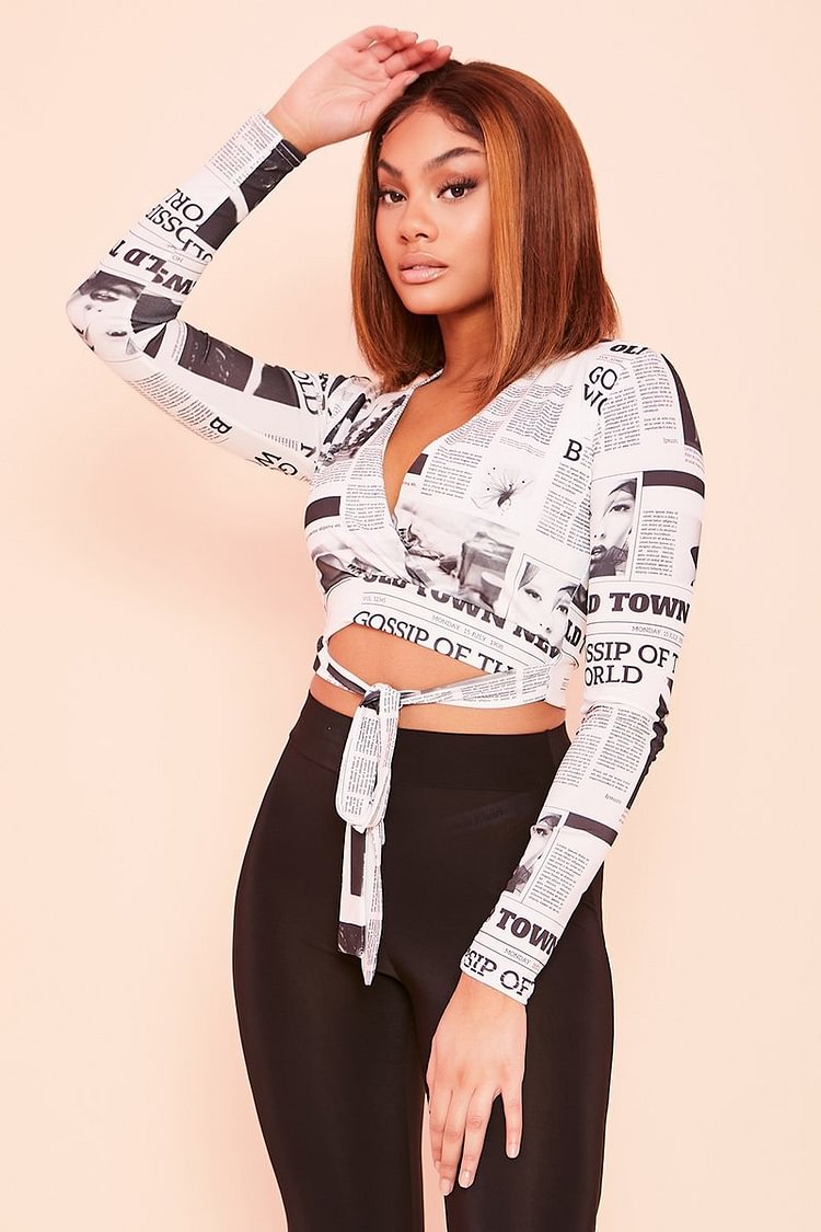 Black & White Newspaper Printed Wrap Front Top- Leighanne Katch Me