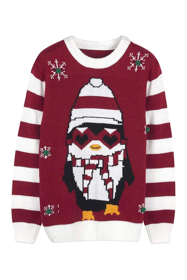 Womens Crew Neck Penguin Snowflake Ugly Christmas Sweater Red-elleschic