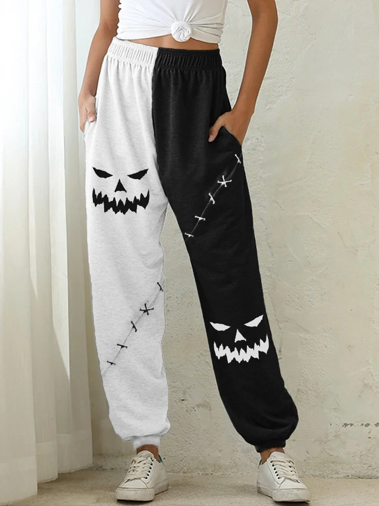 Halloween Pumpkin Face Contrast Color Sweatpants