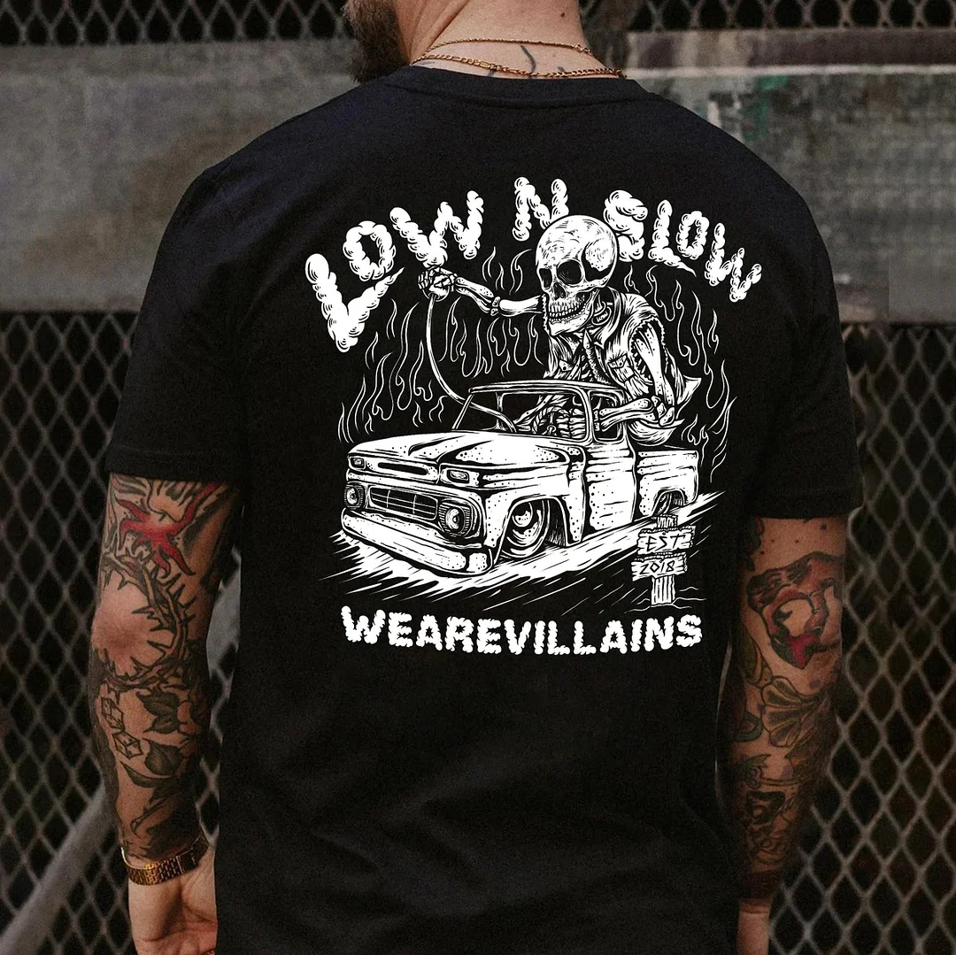 LOW N SLOW WE ARE VILLAINS Skeleton&Classic Car Print Men's T-shirt