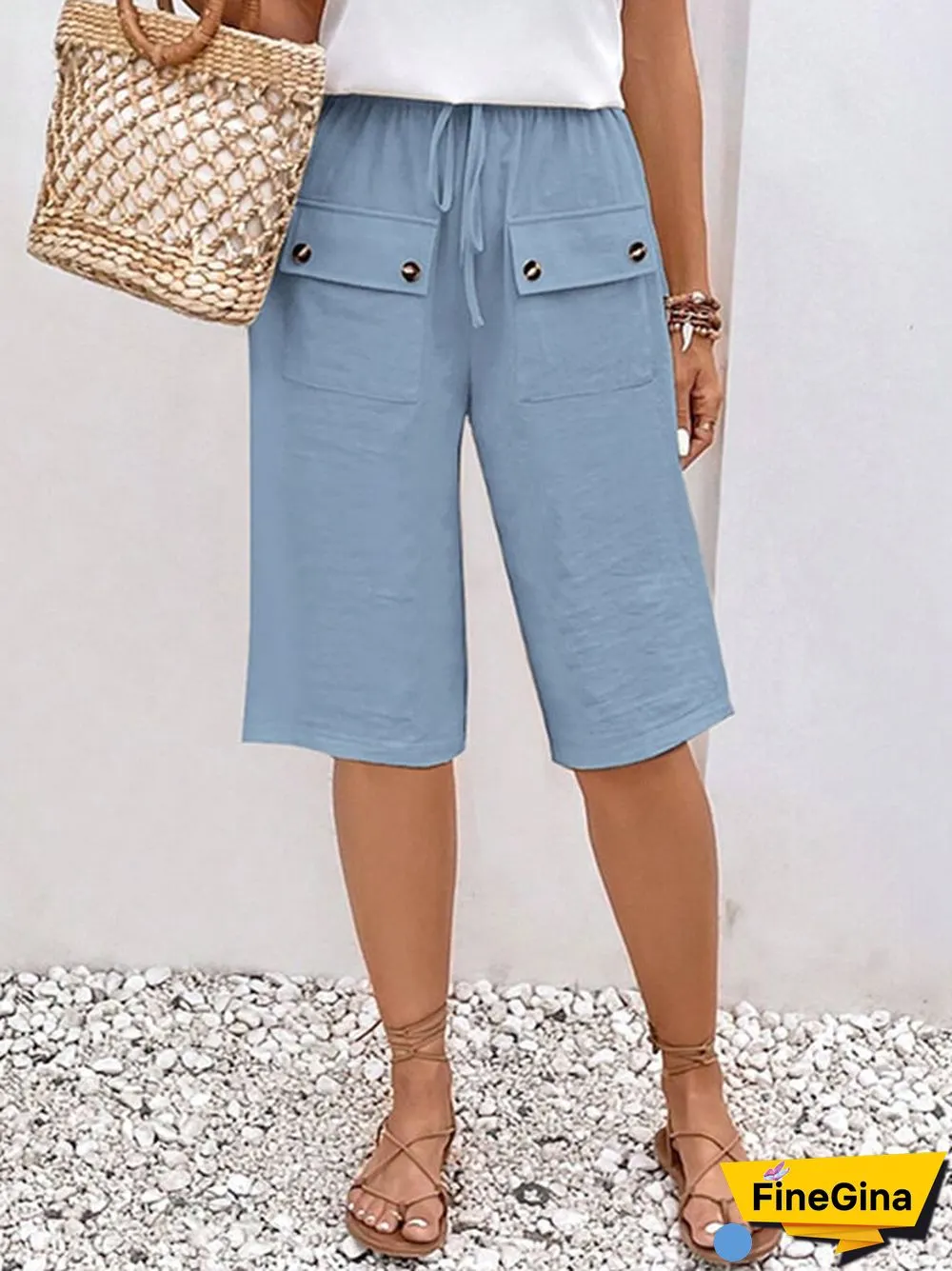 Solid Color Double Pocket Lace Loose Casual Cropped Pants