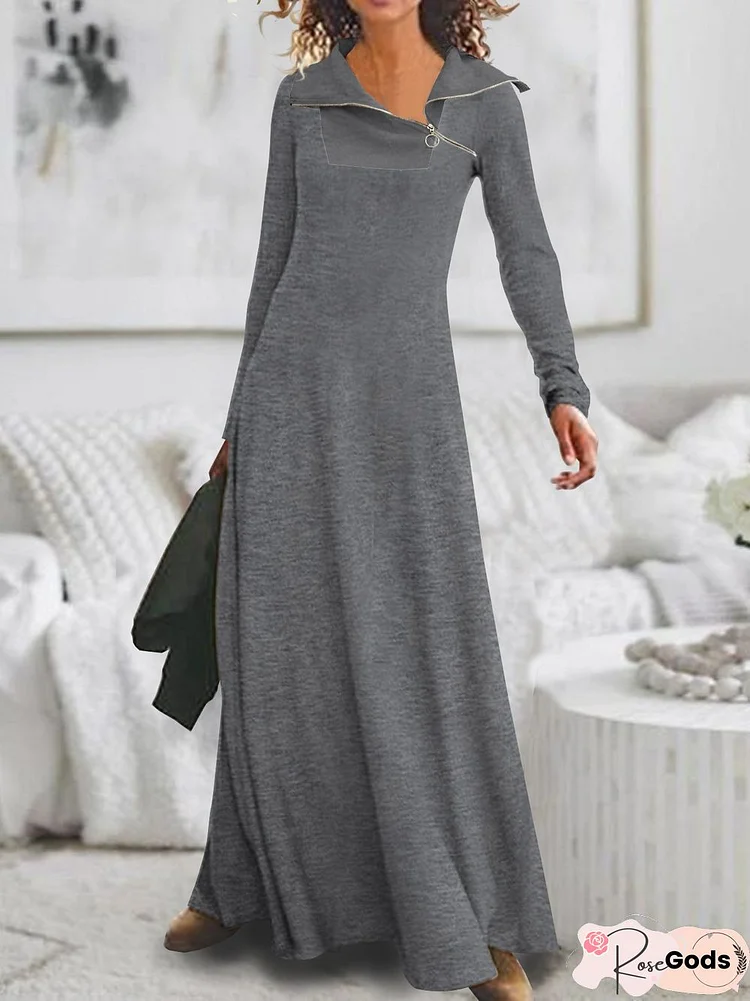 Plain Zipper Lapel Pullover Long Dress Plus Size