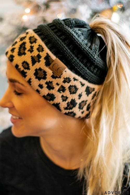 Animal Print Messy Bun Beanie
