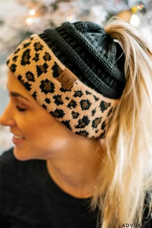 Animal Print Messy Bun Beanie