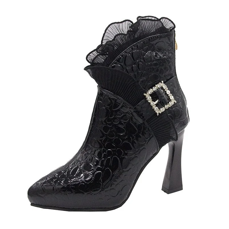 Elegant Women's Modern Boots Fashion High Heels Lace Design Buckle Decorate Ladies Ankle Boots Black Stone Grain Women's Shoes