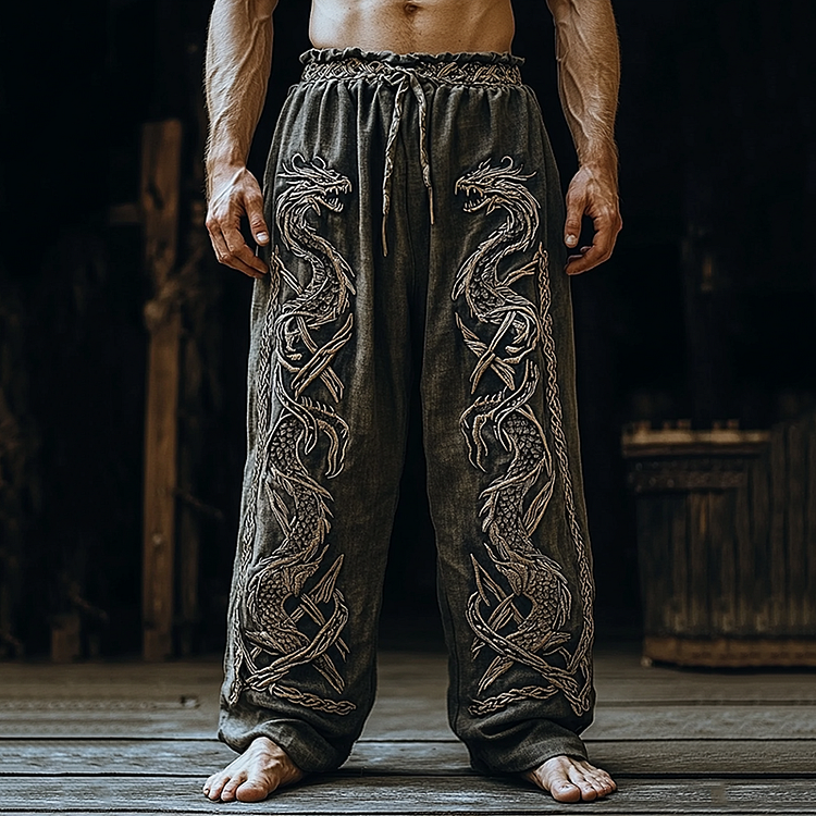 Men's Retro Viking Tribal Dragon Celtic Knot Art Linen Pants