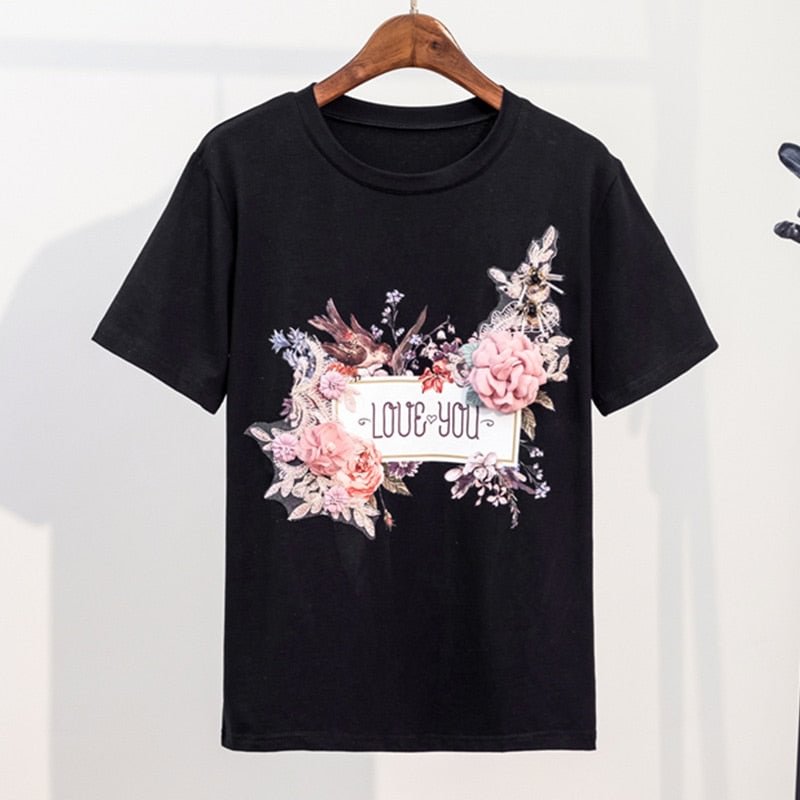 3D Embroidery Bead Cotton Women T Shirt Round Neck Short Sleeve Applique Flower Female T Shirts 2020 Summer Fashion Lady Clothes