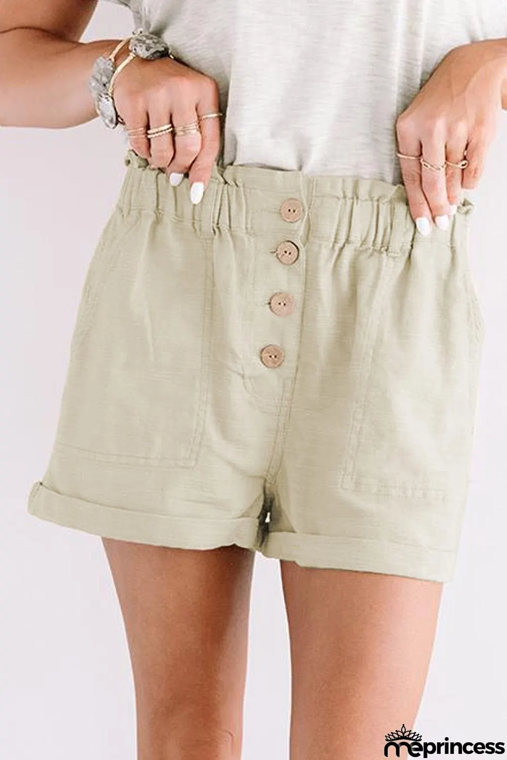 Khaki Cuffed High Waist Shorts