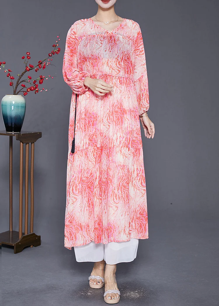 Women Pink Cinched Print Chiffon Vacation Dresses Fall