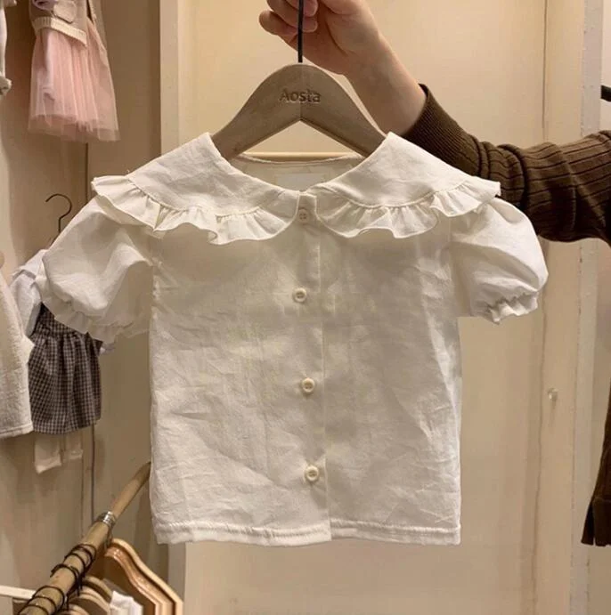 Korean Style 2020 Summer Toddlers Girls Cotton Shirts Ruffles Collar Puff Sleeve Baby Kids Tops Cute Blouses Infants Clothes