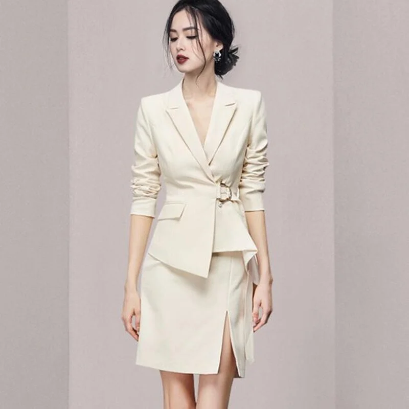 Brownm Blazer Skirt Two Piece Set For Women Solid Notched Collar Full Sleeve Tops Short Skirts Suit Ladies 2021 New Blazer Set