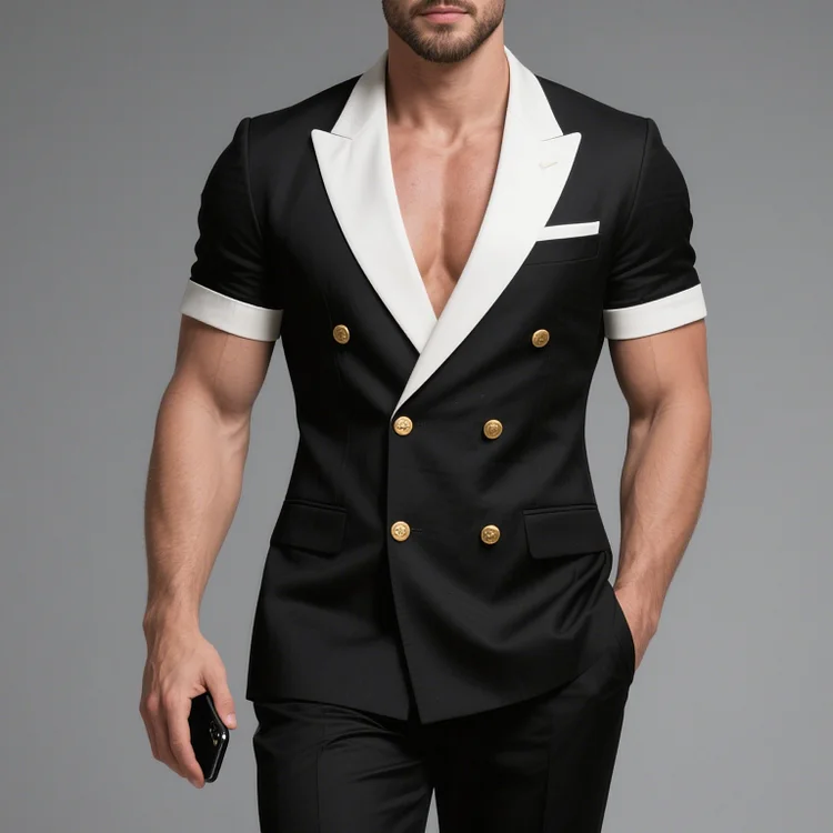 Okaywear Contrast Color Peak Lapel Double Breasted Short Sleeve Blazer Okaywear