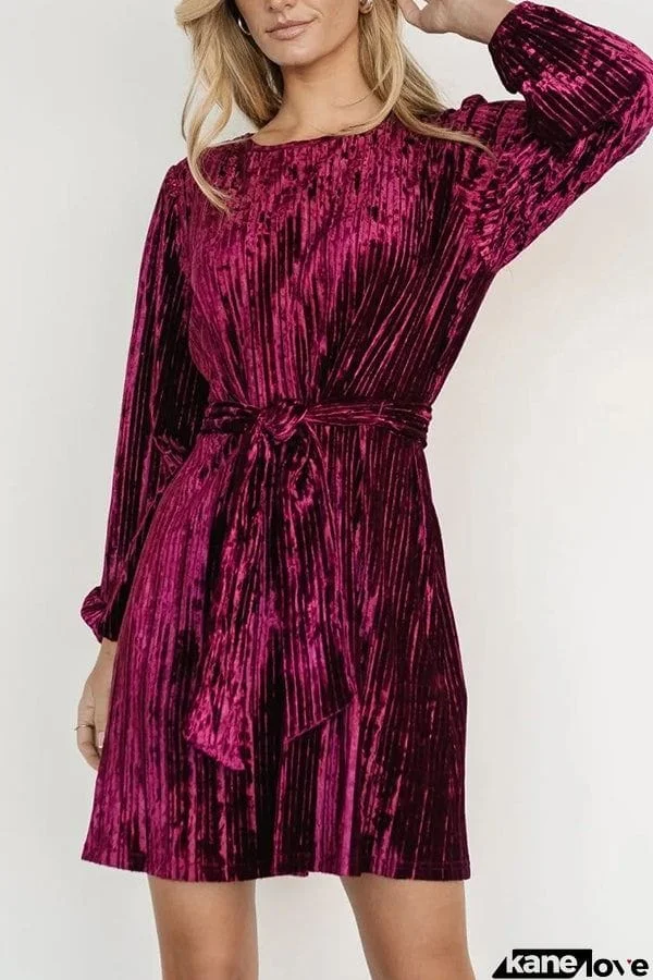 Anastasia Crew Neck Lace Up Velvet Long Sleeve Mini Dress