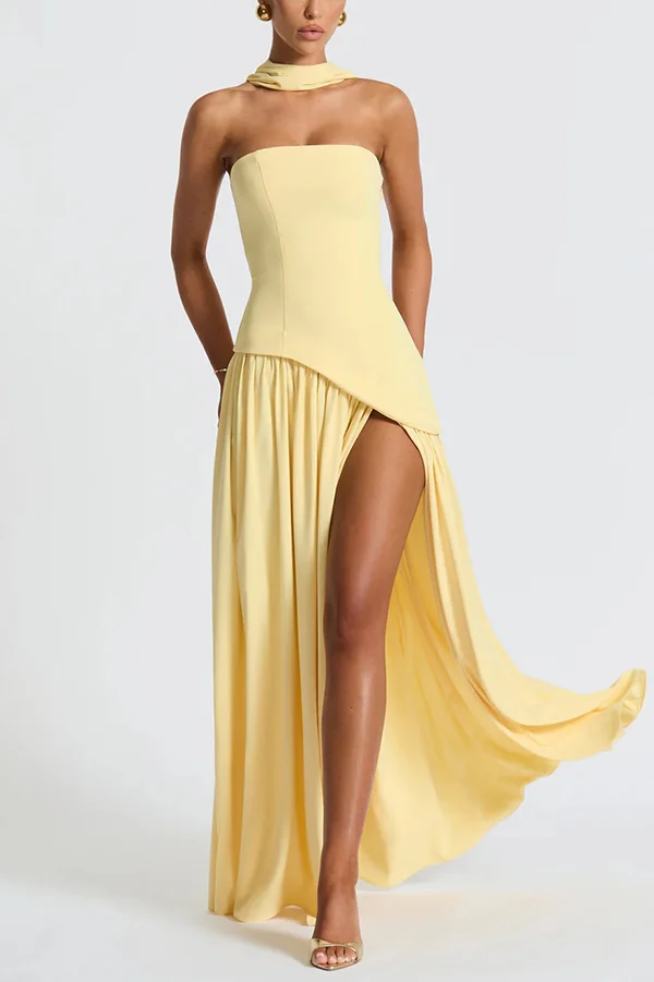 Elegant Off Shopulder Chiffon Pleated Hem Scarf Slit Maxi Dress