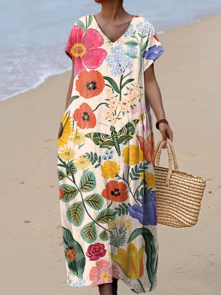 Women's Vintage Art Butterfly Flower Print Linen And Cotton V-neck Dress