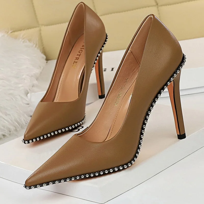 BIGTREE Shoes Black Heels Metal Beads Woman Pumps Suede High Heels Stiletto Wedding Shoes Women Heels Female Plus Size 41 42 43
