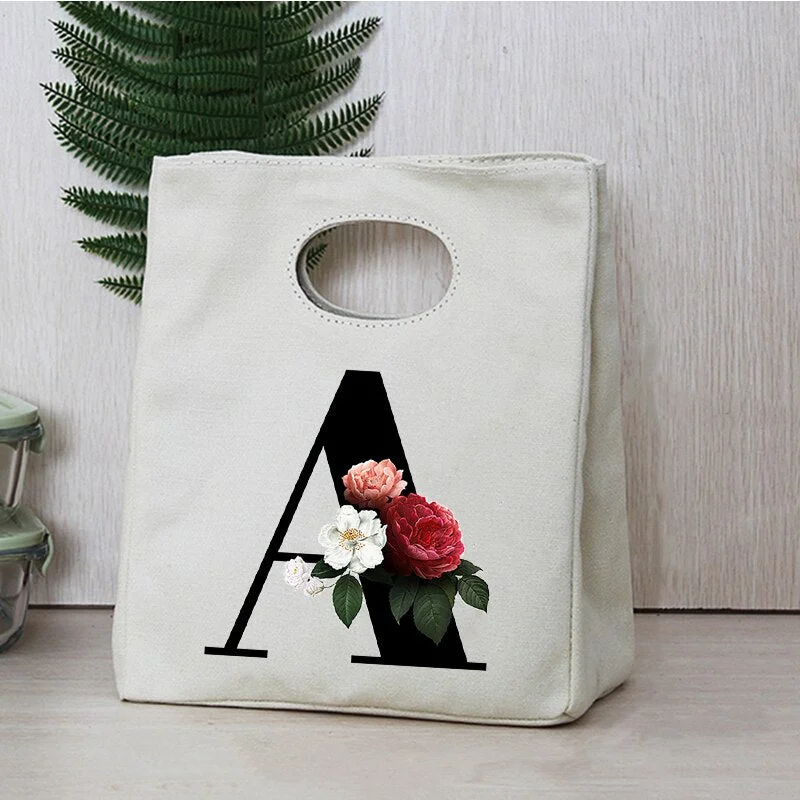 Alphabet Flowers Portable Lunch Bags Thermal Insulated Bento Box Totes Office Travel Picnic Cooler Foods Storage Pouch Handbags