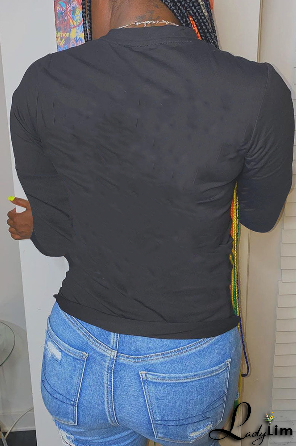 Black Casual Daily Print Patchwork O Neck Tops