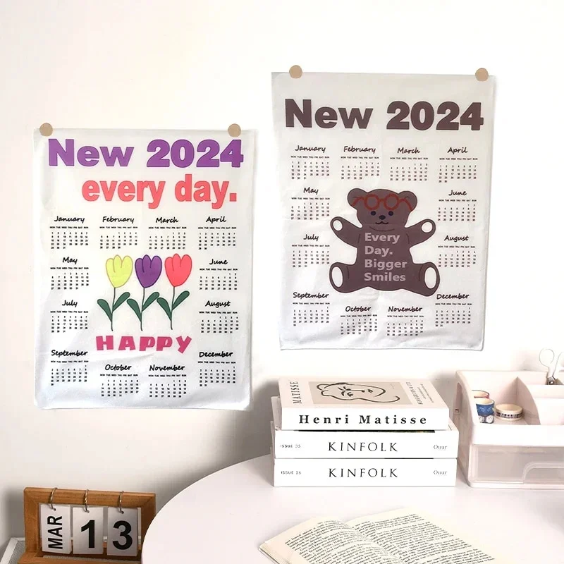 Athvotar Hanging Cloth Wall Calendar Small Tapestry Cartoon Calendar Tapestries Bedroom Background Fabric Decorations 2024 달력 태피스트리
