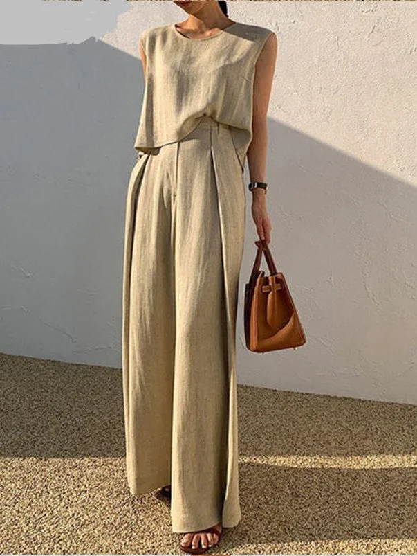 Women's Casual Loose Sleeveless Top Loose Wide-Leg Pants Two-Piece Set