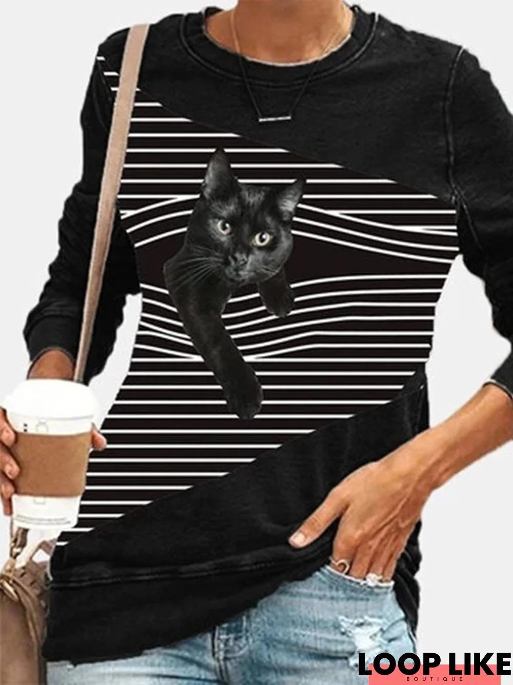 Black Cat Striped Patchwork Print Casual Blouse