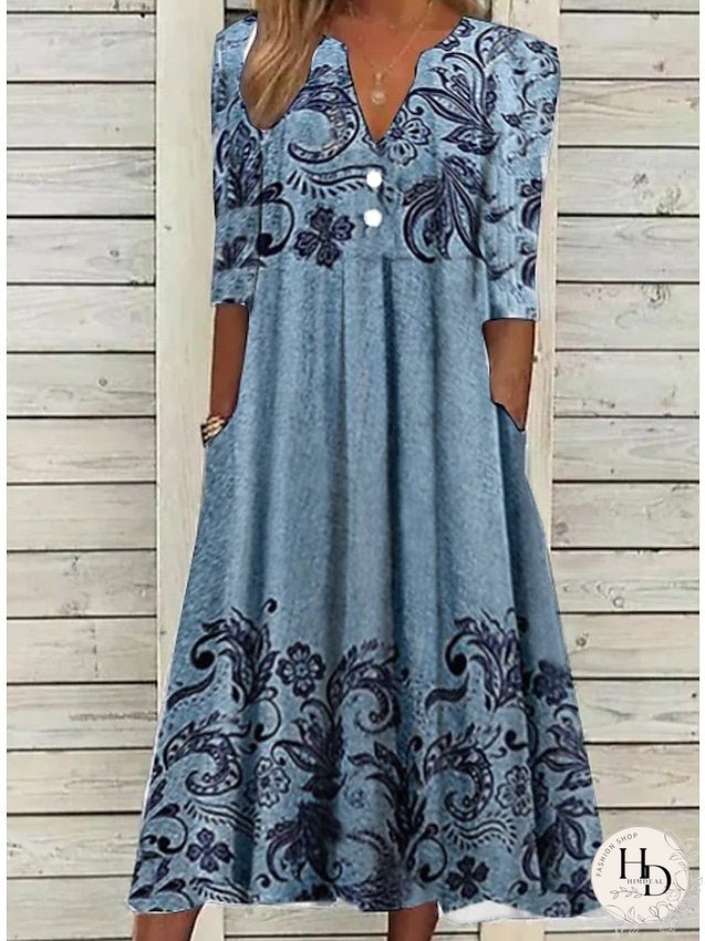 Casual Dress Ethnic Dress Midi Dress Blue Half Sleeve Floral Print Summer Spring V Neck Casual S M L XL XXL 3XL for Women