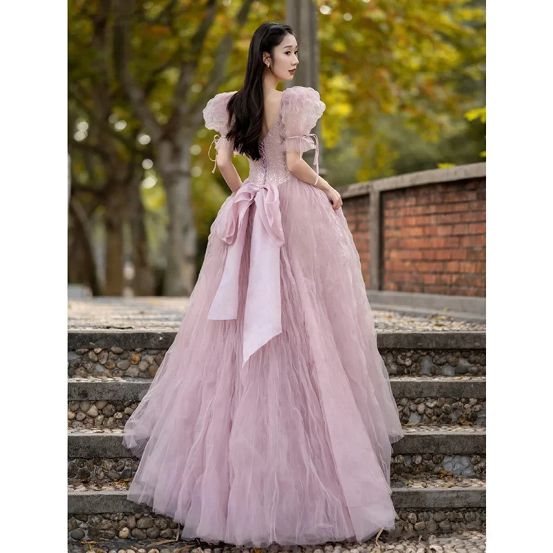 Brownm Pink Evening Dress Women's 2025 New Light Luxury Small Adult Lisson Princess Dress Bubble Sleeves