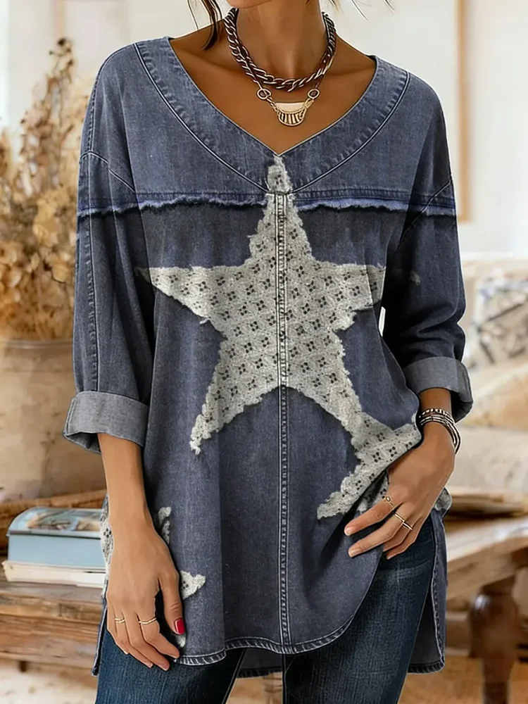 Ethnicity Texture Stars Women's Art Print Casual Washed Denim Cotton Top