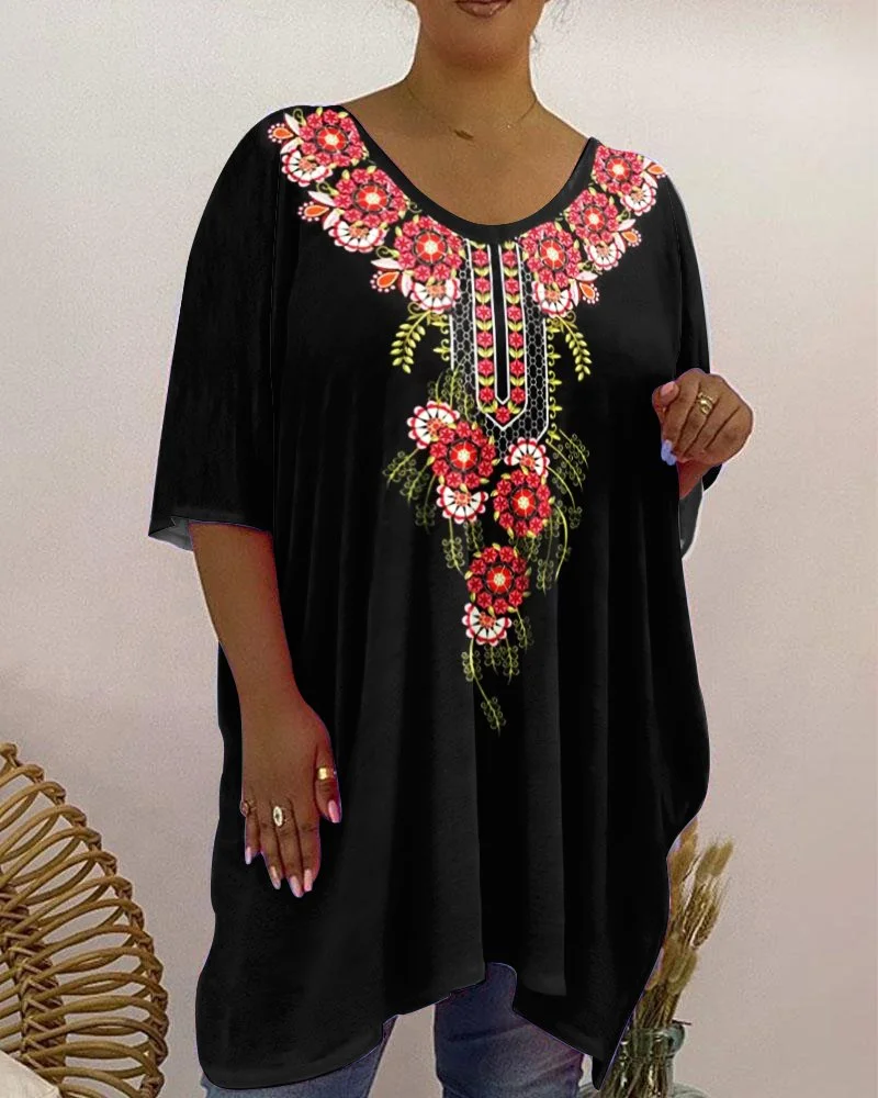 Women's Printed Ethnic Ruffle Sleeve Top T-Shirt