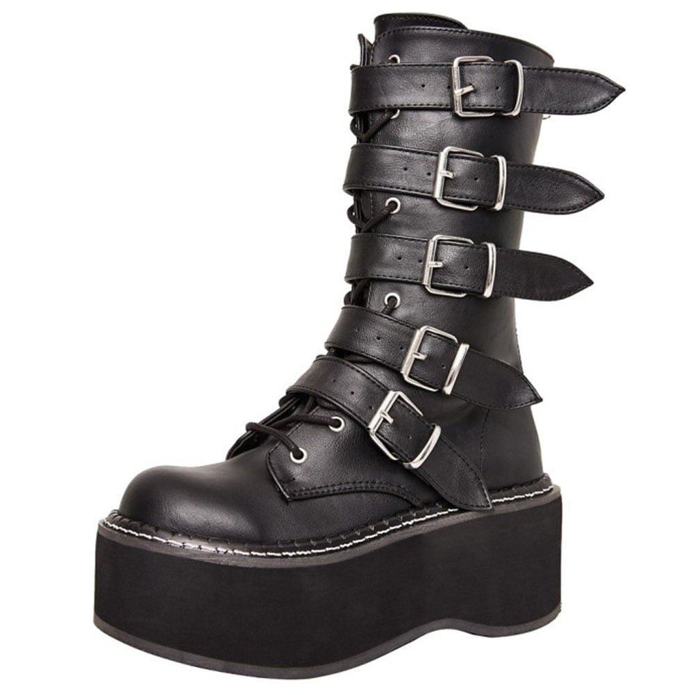 BONJOMARISA 2021 Ladies Brand Platform Wedges Buckle Zipper Punk Mid Calf Boots Cool Street Chunky Lace Up Gothic Black Boots