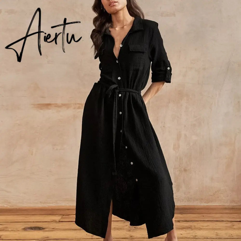 Elegant Slim Summer Women Fashion Cotton Dresses Buttons Cardigan Shirts Dress Casual Long Sleeves Home Wear Office Vestidos Aiertu