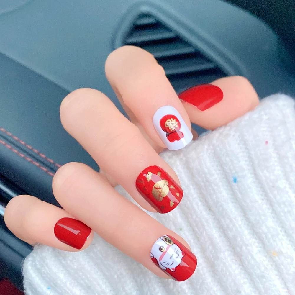 24pcs/set Red Color Short Size Fake Nails Women Fashion Glitter Patch Nail Art Tools Bride Wedding Party Nail Tips With Glue-Nail Inspo