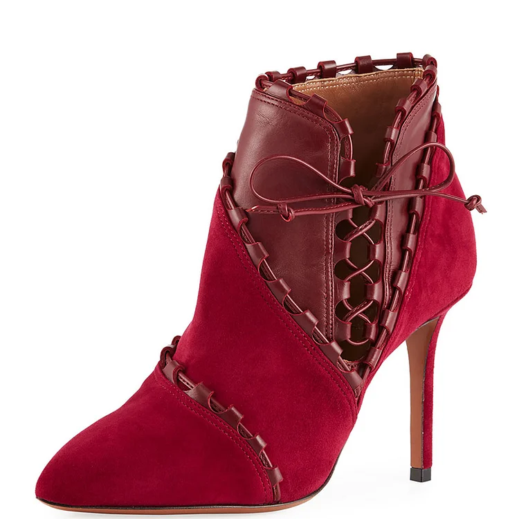 Red Suede Stiletto Ankle Booties - Lace Up Heel Vdcoo