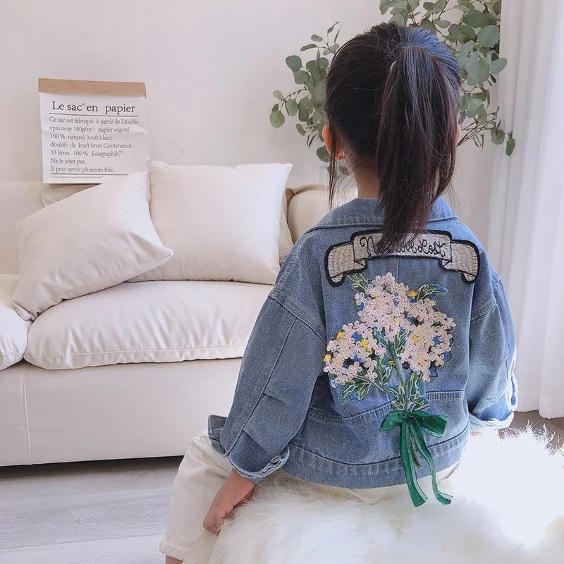 2-7T Floral Denim Jackets For Girls Toddler Kid Baby Girl Spring Clothes Long Sleeve Cute Sweet Back Flower Print Coat Outwear