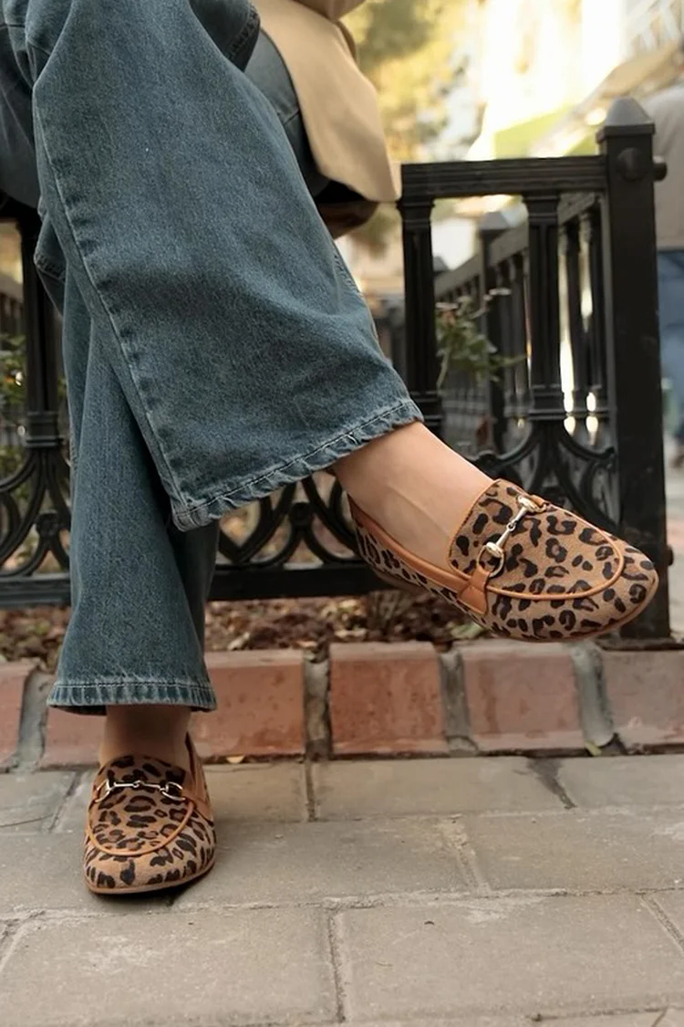 Leopard Print Metal Buckle Round Toe Brown Loafers [Pre Order]