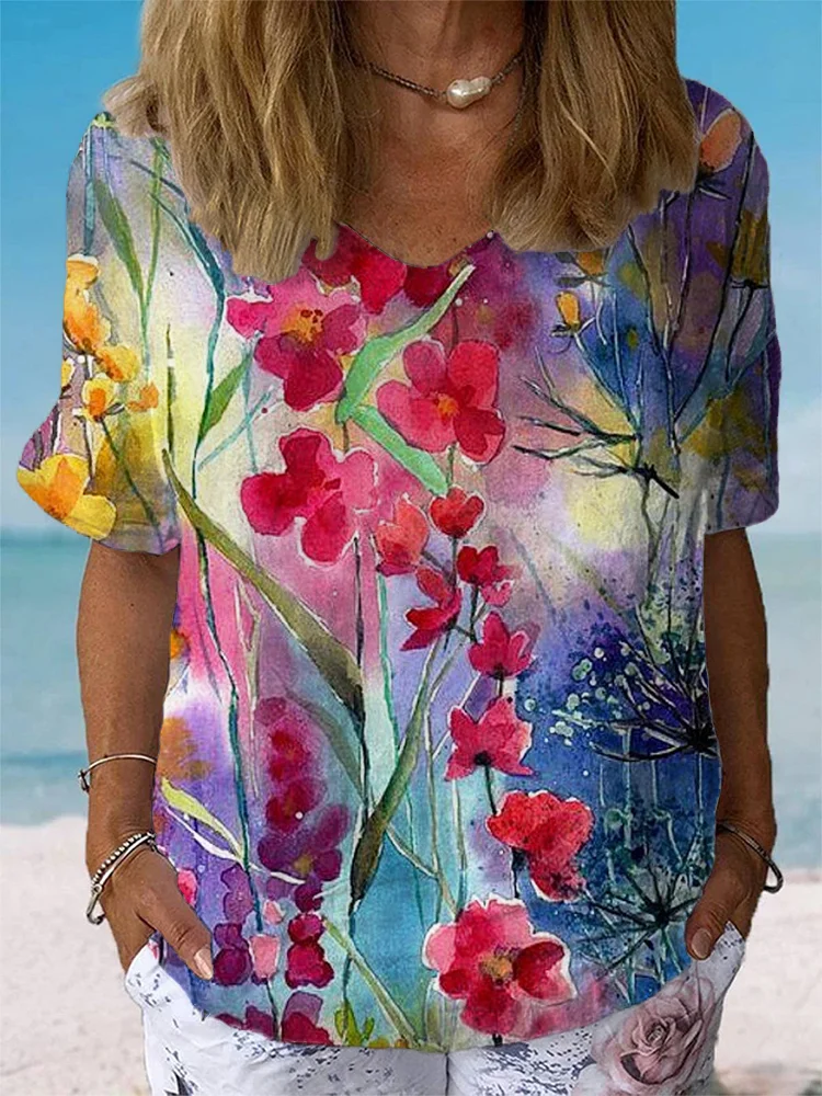 Women's Watercolor Flower Art Print Casual Cotton And Linen Shirt