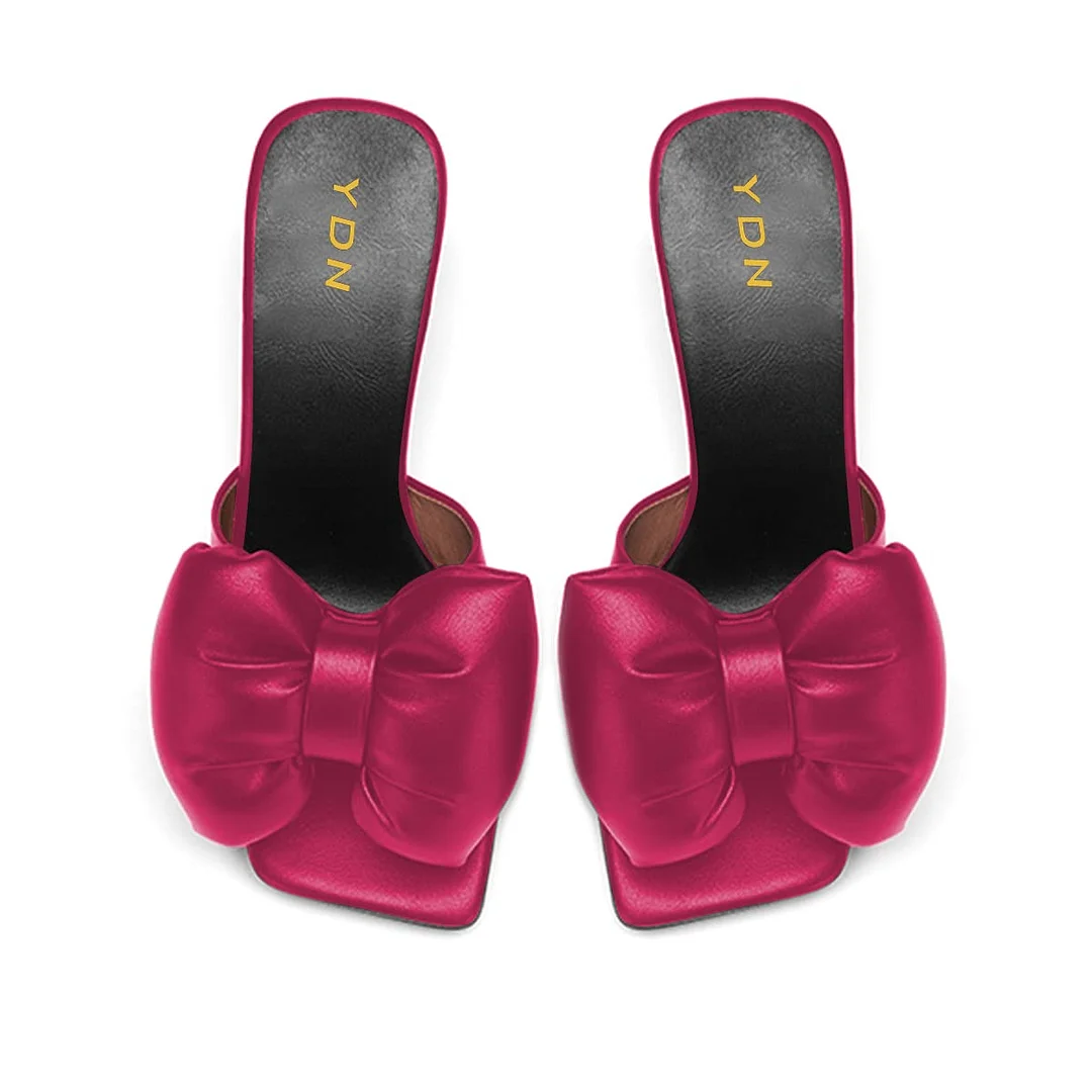 Pink Satin Square Toe Bow Rhinestone Embellished Block Heel Mules
