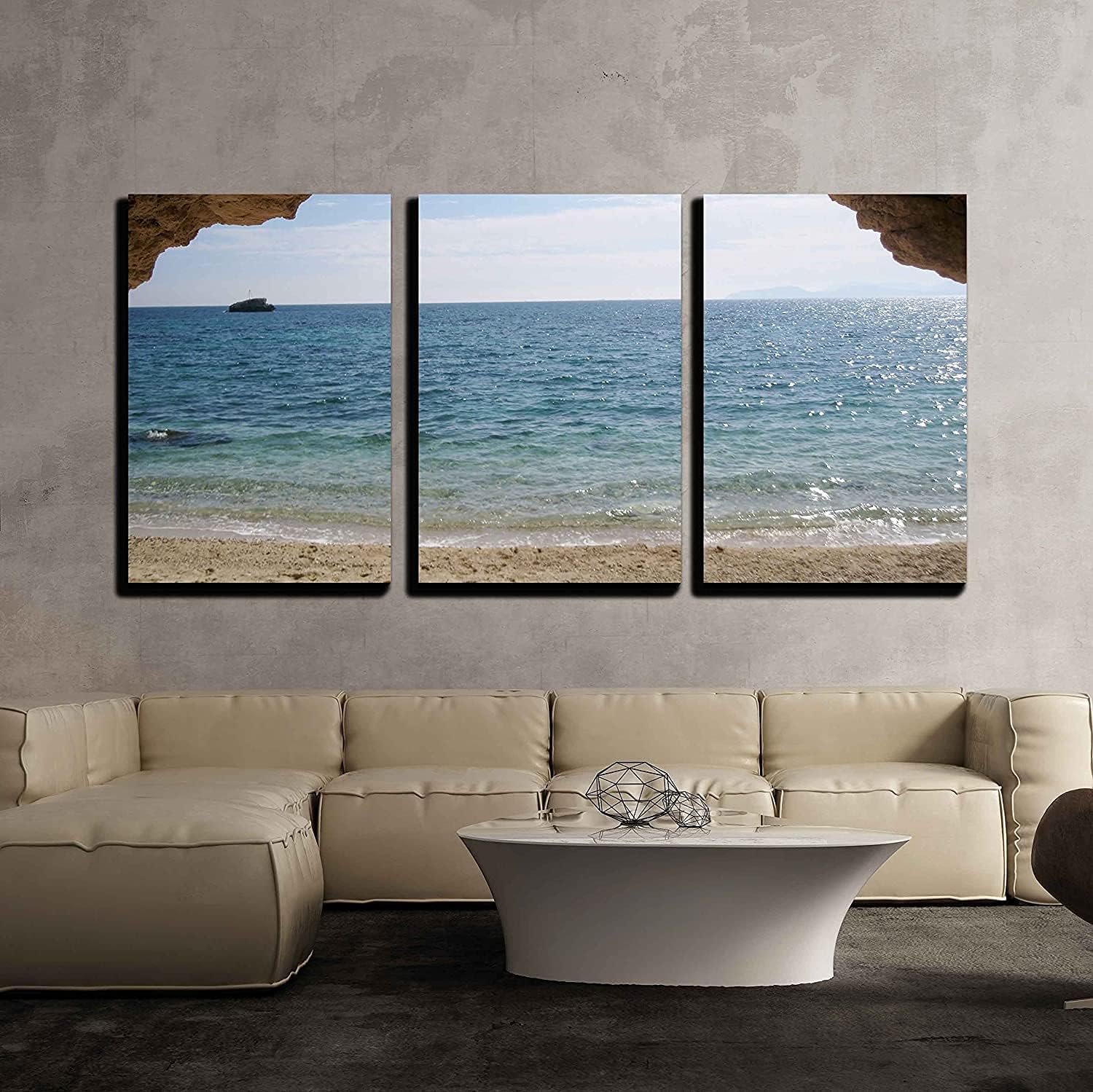 Canvas Wall Art for Living Room Paradise Beach Turquoise Sea and Cave in Sardegna Italy Stretched and Framed Ready to Hang for Home Decor 36 inch  x 24 inch  x 3 Panels 36&#034; x 24&#034; x 3 Panels