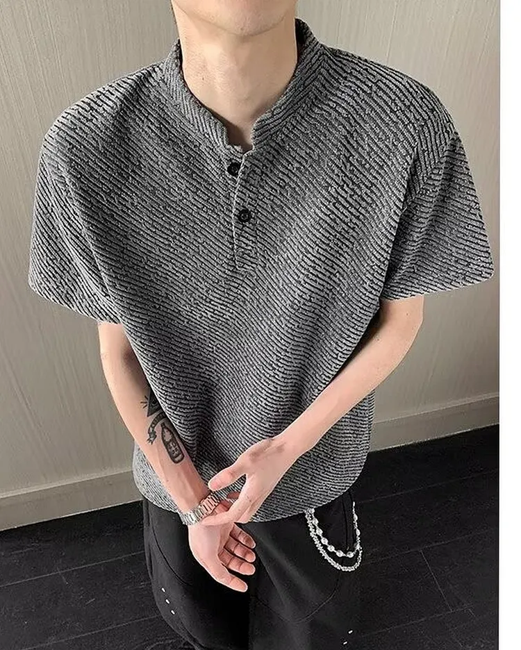 Men's Summer Knit Henley Tee Short Sleeve Button Front Casual Shirt
