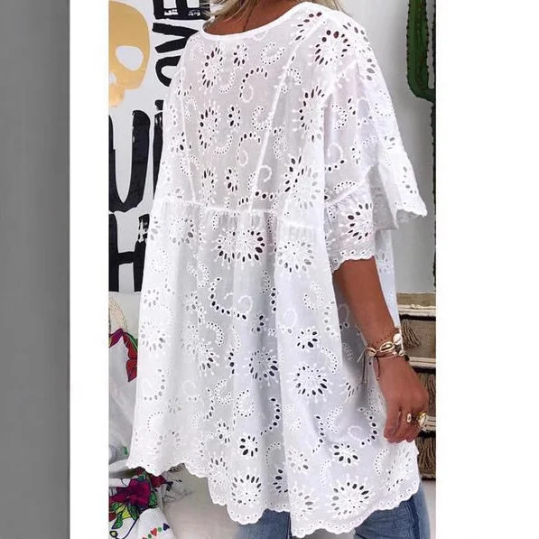 Wongn Wongn Women's New V-Neck Hollow Embroidered Blouse Short-Sleeved Dress