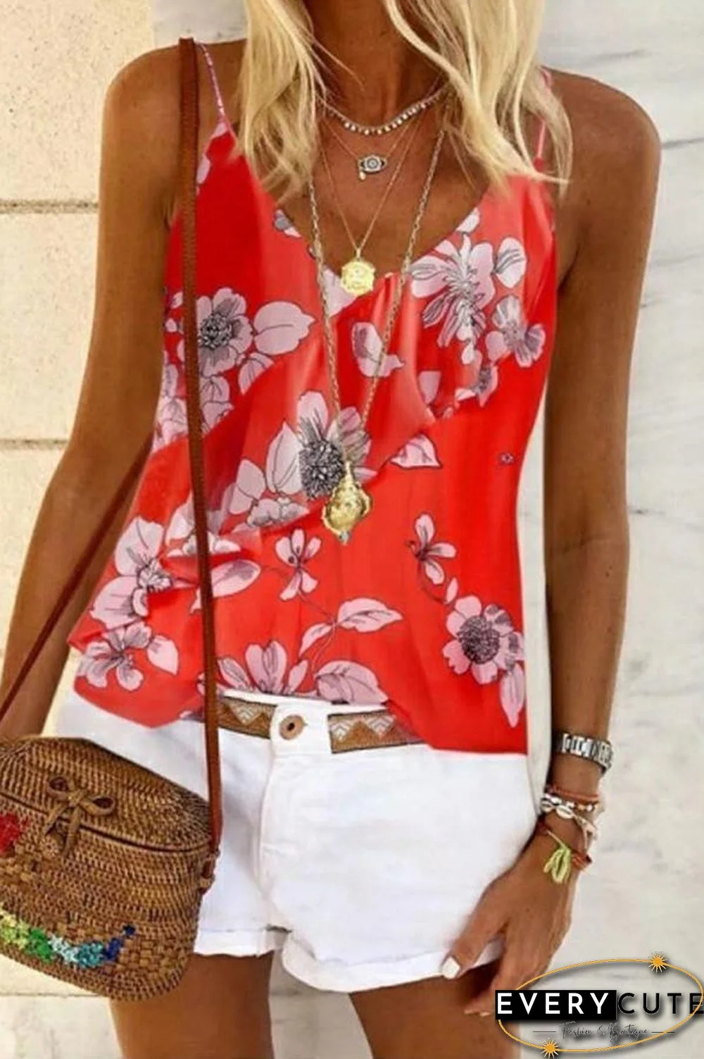 Retro V-neck Flower Printed Camisole (4 Colors) P14372