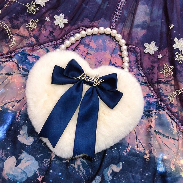 JK Lolita Heart Plush Cute Pearl Chain Hand Bag SP18498