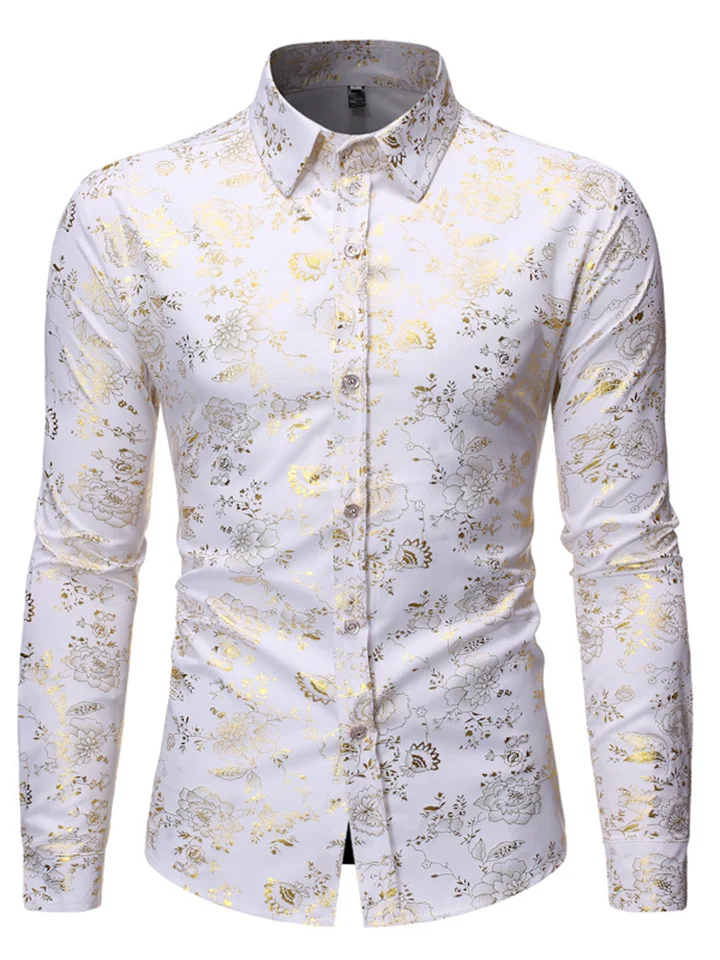 Casual Solid Color Men's Men's Long-sleeved Single-breasted Shirt Metal Hot Gold Printing Lapel Trend Men's Shirt Cardigan-Cosfine