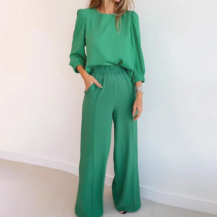 Loose round Neck 3/4 Sleeves High Elastic Wide Leg Pants Suit VangoghDress