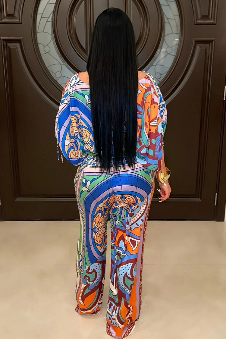 Graphic Print 3/4 Sleeve Crop Top Straight Leg Pants Matching Set-Blue