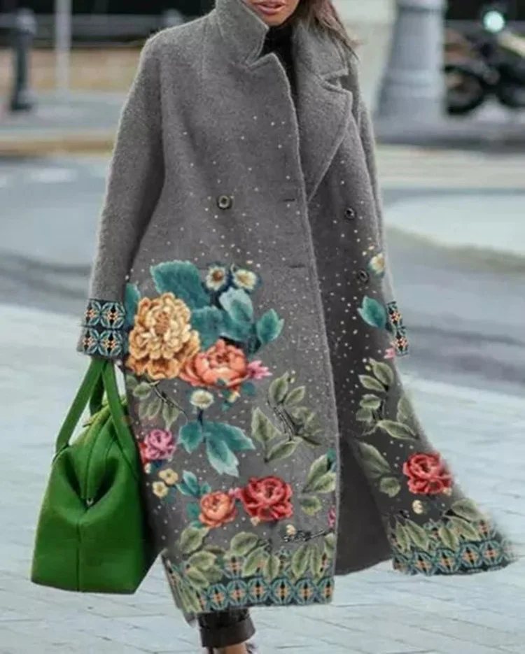 Long-sleeved lapel printed woolen coat