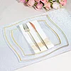 10 Pack | 8" Clear / Gold Wavy Rim Modern Square Plastic Dessert Plates, Disposable Salad Appetizer Party Plates