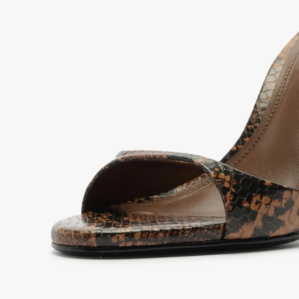 Brown & Black Open Round Toe Snake Print Slip On Heeled Mules