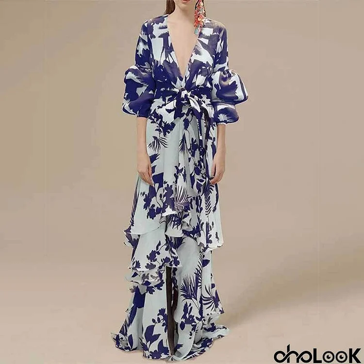 Women Casual Elegant Printed V-Neck Tight Waist Lace-Up Irregular Maxi Dress