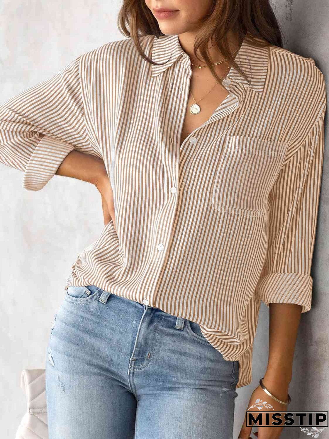 Striped Collared Neck Shirt with Pocket